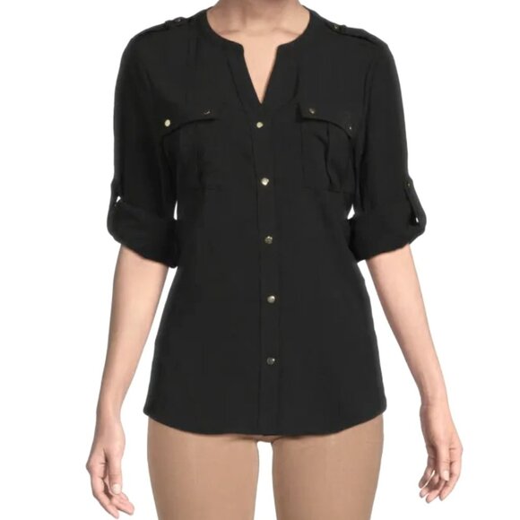 PREMISE Tab Button Cargo Blouse in Black, M - Picture 1 of 8